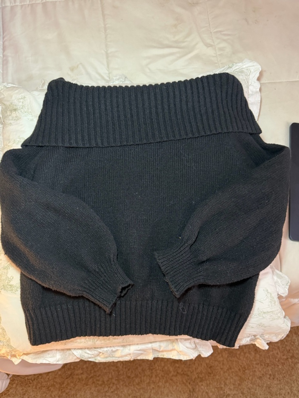 Black Off-Shoulder Ribbed Knit Sweater